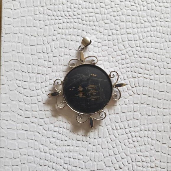 Vintage Damascene Asian Design Amita Sterling Silver Pendant - Picture 9 of 9